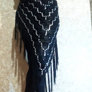 Graphic line crochet sequins black and silver triangular shawl