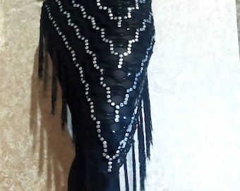 Graphic line crochet sequins black and silver triangular shawl