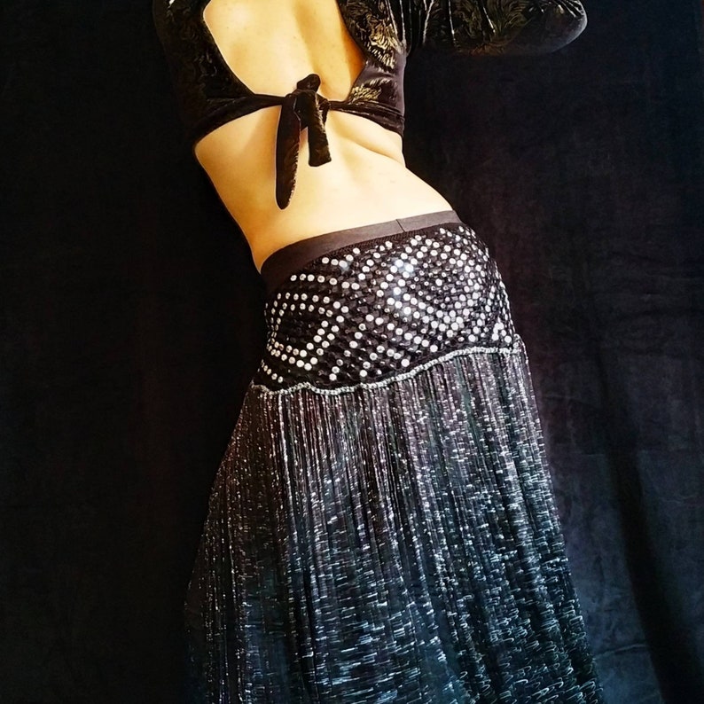 Dimond black and silver crochet tribal belly dance belt hip scarf with long fringe