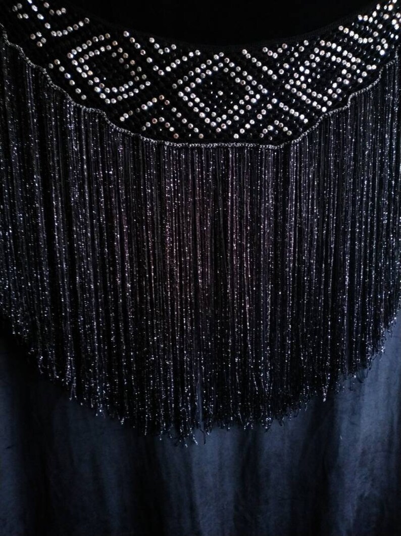 Dimond black and silver crochet tribal belly dance belt hip scarf with long fringe