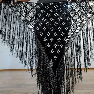 Black silver crochet sequins hip scarf,small dimond shawl, hip wrap, Tribal bellydance accessories