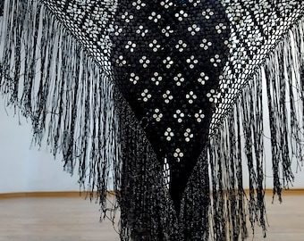 Black silver crochet sequins hip scarf,small dimond shawl, hip wrap, Tribal bellydance accessories