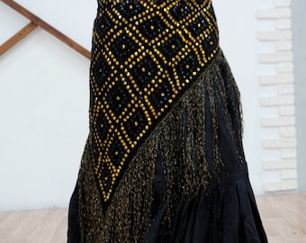 golden black crochet hip wrap, shawl, festival scarf, triangle shawl, ATS tribal bellydance accessories