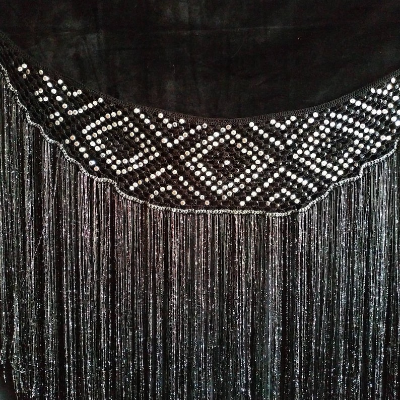 Dimond black and silver crochet tribal belly dance belt hip scarf with long fringe