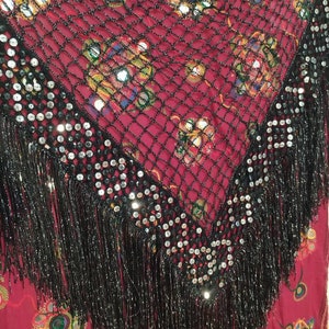 May include: Black sequined shawl with fringe. The shawl is made of a fine mesh fabric and has a triangular shape. The sequins are silver and are arranged in a pattern. The fringe is black and is attached to the bottom edge of the shawl.
