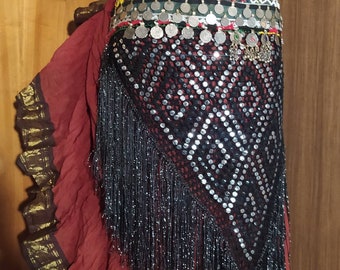 Foulard noir argenté au crochet, châle à paillettes, châle, accessoires de danse orientale tribale bohème festival frange noire