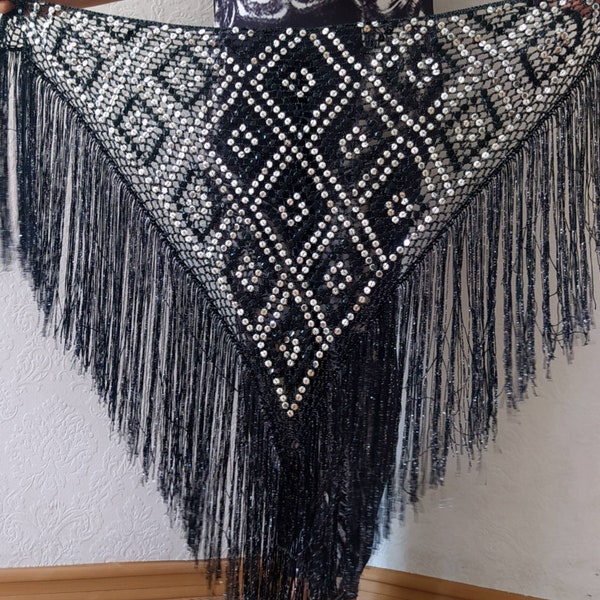 Silver and black sequin crochet tribal belly dance scarf festival wrap fringe shawl