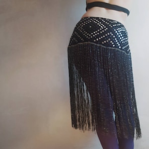 Dimond black and silver crochet tribal belly dance belt hip scarf with long fringe
