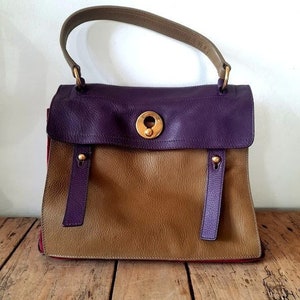 YSL Yves Saint Laurent Rive Gauche Purple Patent Leather Sac Downtown Bag
