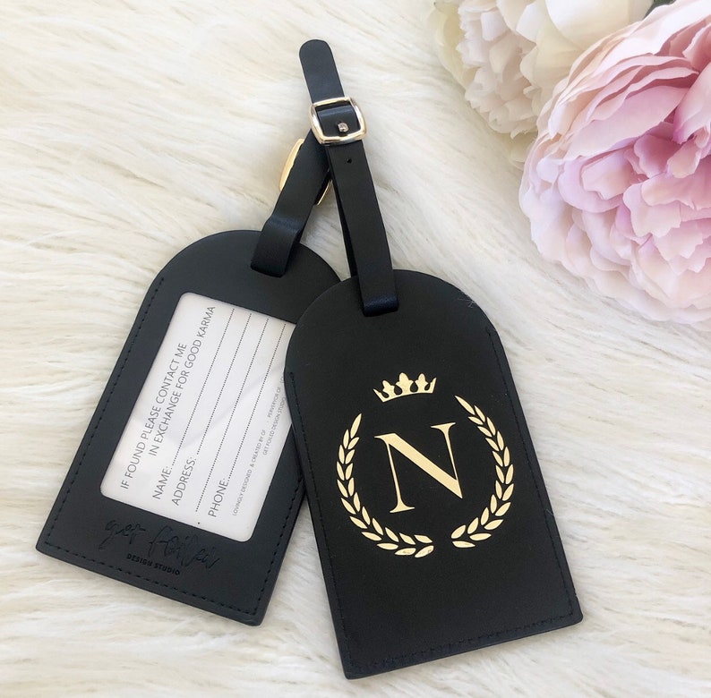Personalised leather luggage tags // wedding gift // travel tags // travel accessories// monogrammed gold foil his and hers image 1