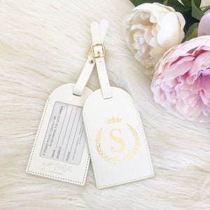 Personalised leather luggage tags // wedding gift // travel tags // travel accessories// monogrammed gold foil his and hers image 3