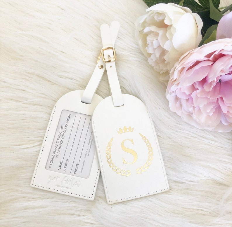 Personalised leather luggage tags // wedding gift // travel tags // travel accessories// monogrammed gold foil his and hers image 3