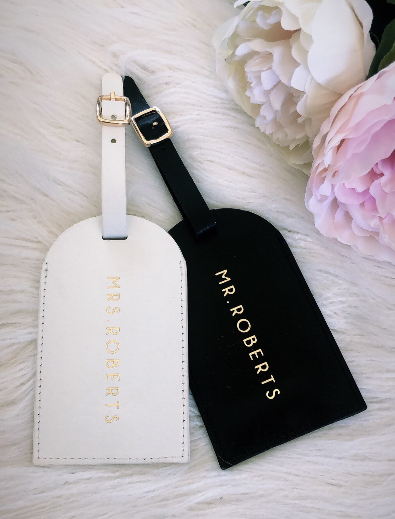Honeymoon Package Personalised leather luggage tags // wedding gift // travel tags // travel accessories// monogrammed gold foil his & hers