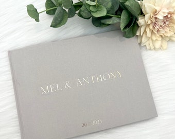 D8 - Luxe Linen Hard Cover Custom Initials Wedding Guest Book / Custom Scrapbook / Luxe Gold Foiled Design/ A4 Engagement Book Made to Order