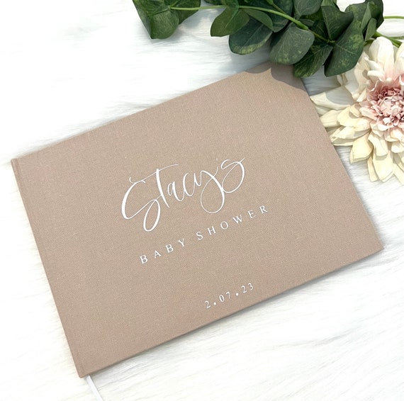 ELYN Linen Guest Book, Sign in Book for Wedding Reception, Birthday, Baby Shower & Events, Matching Gold Gel Pen, Photo Pockets & Table Sign, 80 Pages (Blank & Lined), Large, 11.5