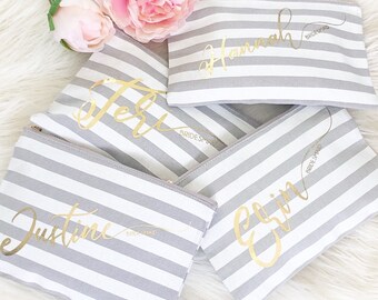 Personalized Monogram Makeup Bag -Cursive Script CUSTOM NAME pink white // Gray white stripe Make Up Bag - Best Friend Gift, Bridesmaid Gift