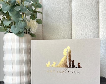 Custom Pet Silhouette Wedding Guest Book – Bride & Groom with Dog | Gold Foil Linen Cover | A4 Landscape Engagement Book
