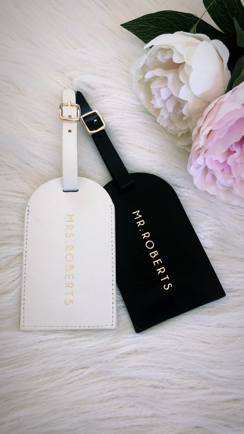 Personalised leather luggage tags // wedding gift // travel tags // travel accessories// monogrammed gold foil his and hers image 5