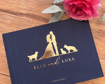 Custom Dog Silhouette Wedding Guest Book – Bride & Groom Gold Foil Linen A4 Engagement Album Made to Order