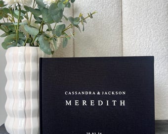 D7.3 - Luxe Linen Hard Cover Custom Wedding Guest Book / Custom Scrapbook / Luxe Gold Foiled Design/ A4 Engagement Book Made to Order