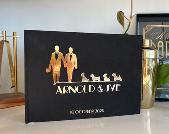 D10 Personalised Wedding Guest Book Mr & Mrs Mr and Mr Mrs and Mrs Couple with Dog Silhouette Luxe Linen Gold Foil A4