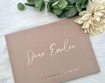 D32 - Lettres à la mariée | Livre d'or Luxe Linen Hens | Livre d'or personnalisé| Design luxueux avec feuille d'or | Livre de douche nuptiale A4 fabriqué sur commande