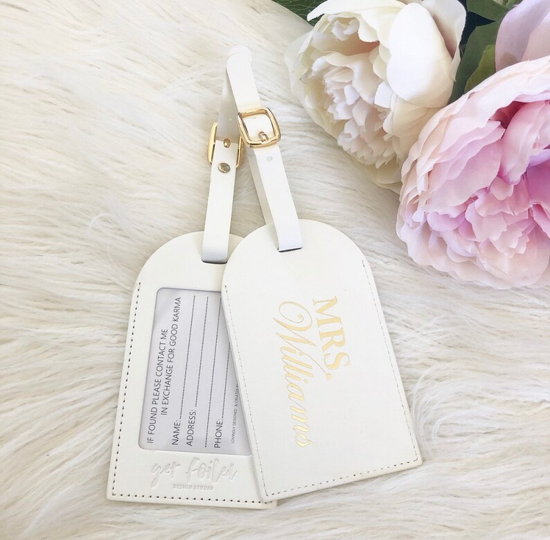 Personalised leather luggage tags // wedding gift // travel tags // travel accessories// monogrammed gold foil his and hers image 4