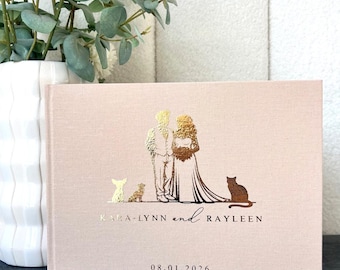 D10 Mrs & Mrs Wedding Guest Book Groom and Groom Bride and Bride Silhouette with Dog Luxe Linen Gold Foil A4
