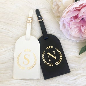 Personalised leather luggage tags // wedding gift // travel tags // travel accessories// monogrammed gold foil his and hers image 2