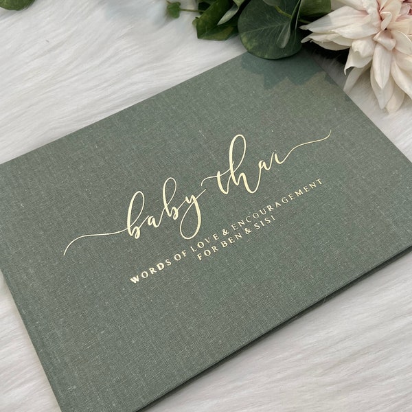 B1 - Custom Luxe Linen Hard Cover Baby Shower / Linen Baby Guest Book / Luxe Gold Foiled Design/ A4 Engagement Shower Book Designed to Order