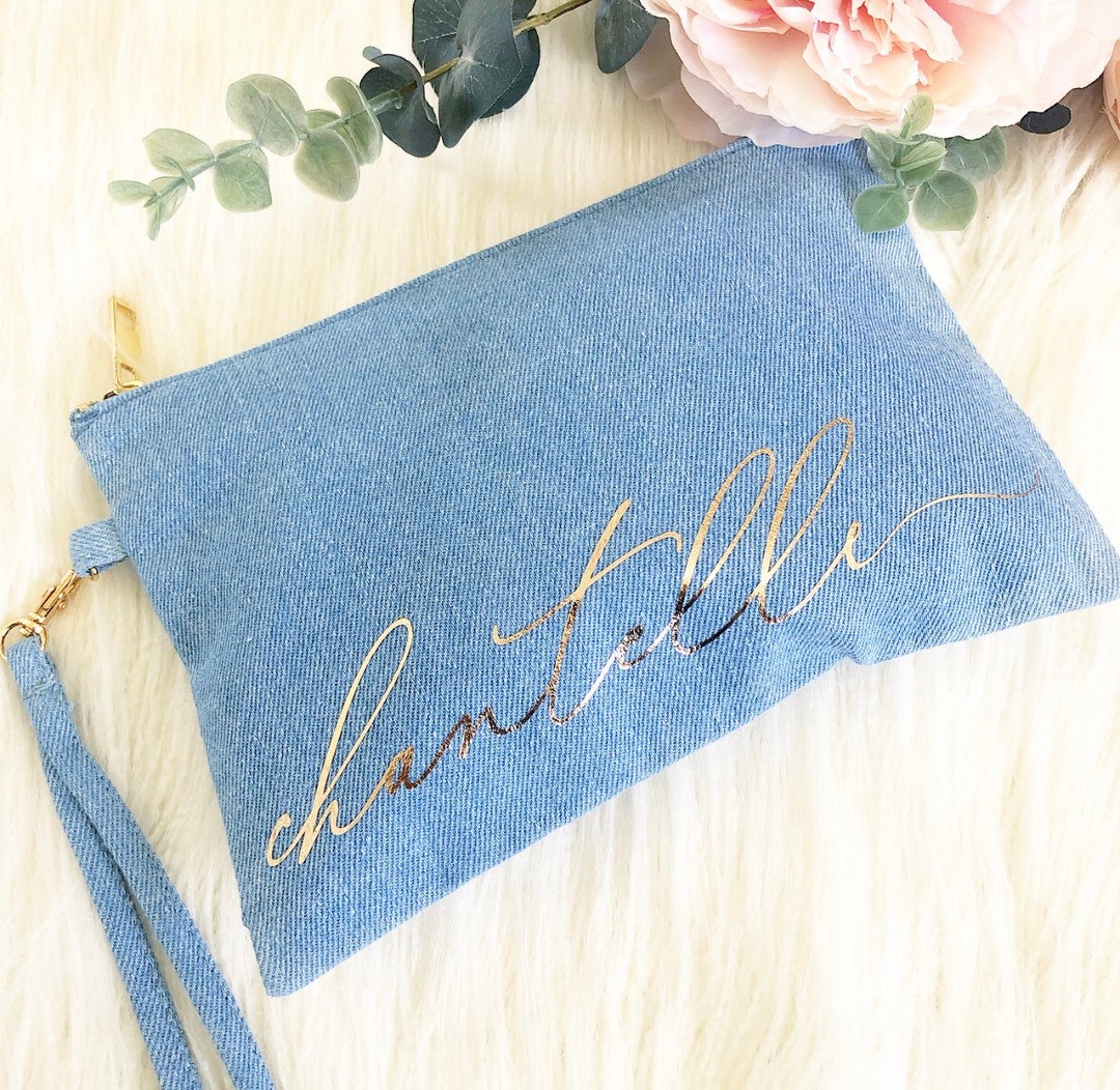 Light Blue Denim Makeup Bag // Personalized Clutch W/strap Custom