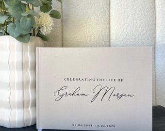 Celebrating the Life Of | Funeral Guestbook Linen Hard Cover/ Custom Scrapbook / Luxe Gold Foiled Design/ A4 Memorial Book Made to Order