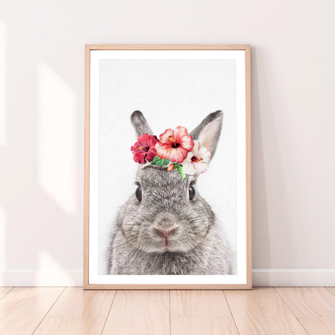 Rabbit Flowers Print, Bunny Wall Art, Vintage Flowers, Printable ...