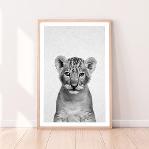 Nursery Animal, Lion Cub Wall Art Print, Woodlands Nursery Decor, Baby Shower Gift, Digital Download, Printable Woodlands Lion, Black White