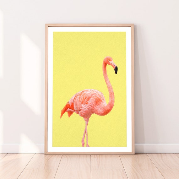 Flamingo Art, Bird Print, Mid Century Wall Decor, Yellow, Photographic, Large Poster, Digital Download, Tropical, Pink