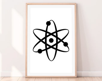 Impresión de átomos, arte blanco y negro, decoración de pared de la ciencia, cartel imprimible, descarga digital, ilustración, retro, molécula, minimalista moderno