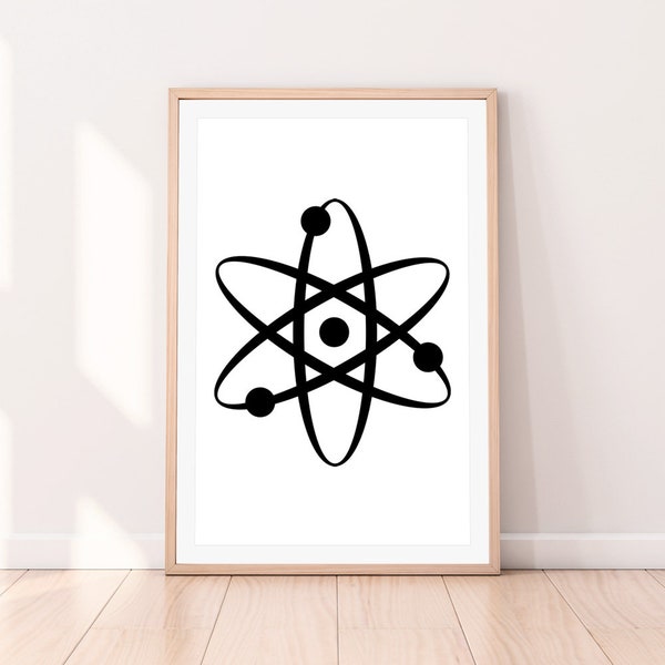 Atom Print, Black and White Art, Science Wall Decor, Printable Poster, Digital Download, Illustration, Retro, Molecule, Modern Minimalist