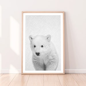 Polar Bear Print, Woodlands Nursery Decor, Baby Animal Art, Printable Black and White Bear Cub, Baby Shower Gift, Instant Digital Download