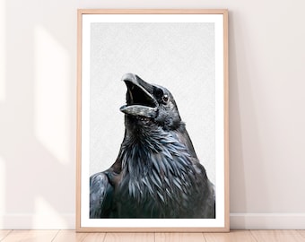 Raven Bird Print, Bird Art, Large Poster, Monochrome, Black and White Wall Decor, Digital Download, Printable, Minimalist