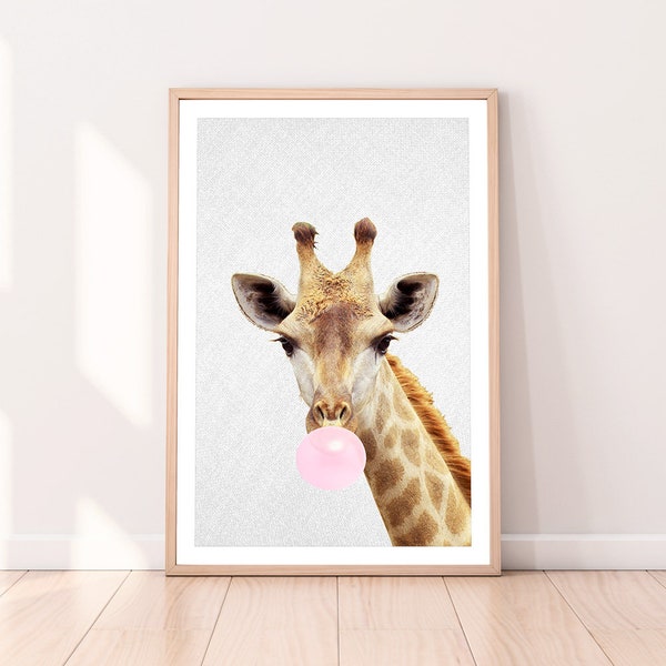 Giraffe Bubble Gum Art, Baby Animal Print, Nursery Wall Decor, Printable Poster, Digital Download, Africa, Photography