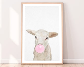 Lamb Bubblegum Print, Baby Nursery Animal, Kids Poster, Printable Digital Download, Nursery Art, Pink