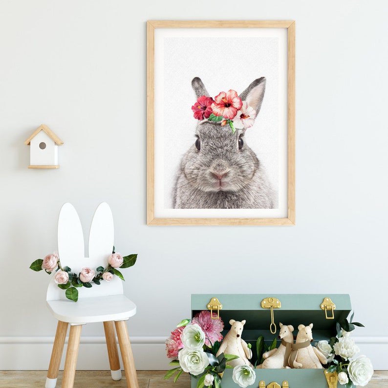 Rabbit Flowers Print Bunny Wall Art Vintage Flowers - Etsy