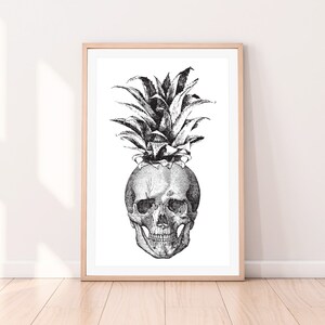 Skull Art, Pineapple Print, Black and White Illustration, Large Poster, Digital Instant Download, Modern Minimalist, Tropical Wall Decor