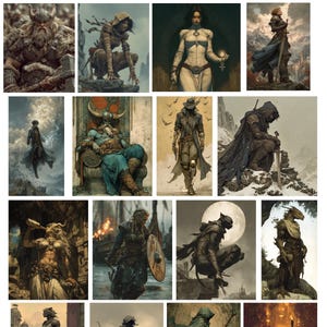 Peut inclure: Une collection d'estampes d'art fantastique présentant divers personnages dans des illustrations détaillées. Les images présentent des guerriers, des sorciers et des êtres mythiques dans des poses dynamiques, avec un accent sur l'éclairage et les textures dramatiques. La palette de couleurs comprend des tons terreux, des bleus et des touches d'or.