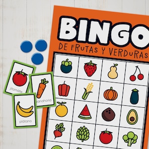 Bingo in Spanish for kids - Bingo game to play and learn Spanish fruit and vegetable names - Print, cut and play spanish card game