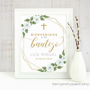 Bautizo welcome sign in Spanish, decoracion para bautizo imprimible, cartel bautizo nino, gold bautizo decoration sign