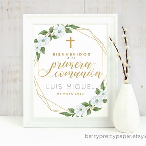 Sinal de boas-vindas da primeira comunhão em espanhol, decoracion para comunion imprimible, cartel comunion nino, pôster de decoração de comunhão dourada