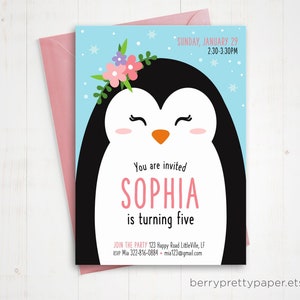 女の子のためのペンギンの誕生日招待状、かわいいペンギンの女の子の冬のパーティー、極地のパーティーの冬のワンダーランド、冬の動物の招待状