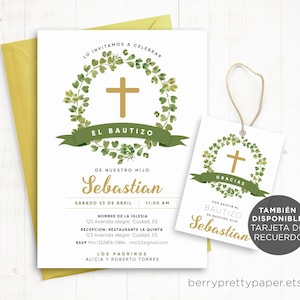 Invitaciones bautizo nino, Invitacion de bautizo imprimible, Bautismo, Greenery bautizo invitation spanish