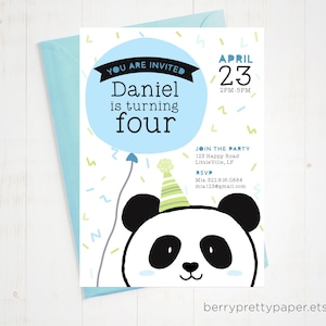 Panda birthday party invitation for boy, Printable panda invitation, Panda party invite for boy